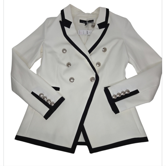 White House Black Market Contrast Studio Blazer Ecru Black Trim NWT Size 2 - Picture 7 of 12